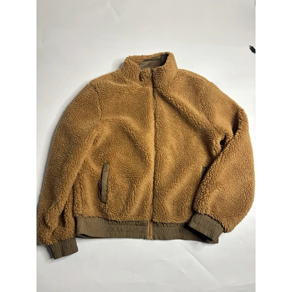 Zyia Reversible Sherpa Fleece Windbreaker Bomber Jacket Tan Cream Zip Up Women L